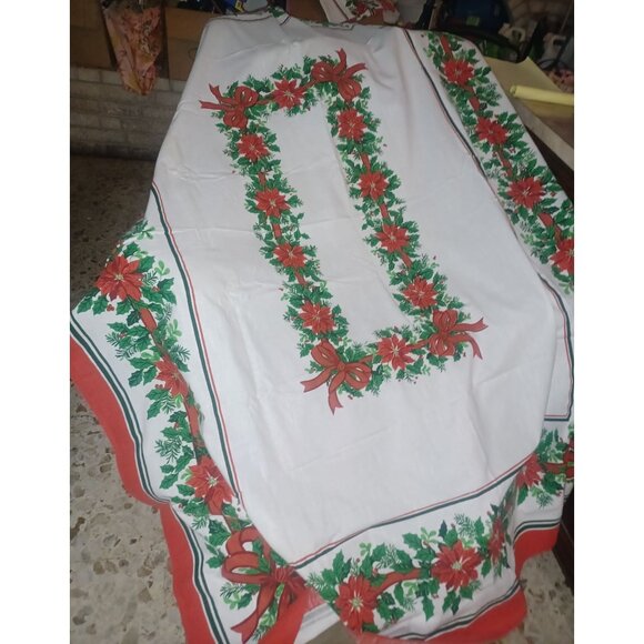 Poinsettia Table Cloth Rectangular About 84" x 59" White Red Green - Picture 1 of 3